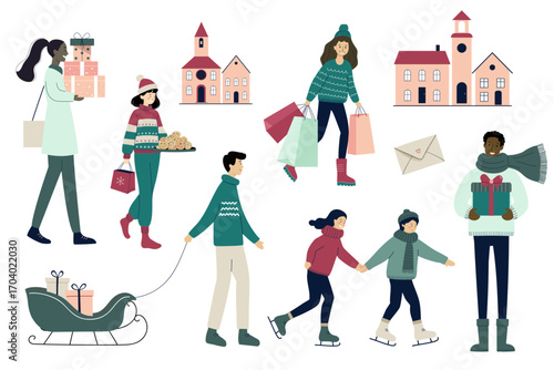 People in winter clothes with gifts, packages, cozy houses. Shopping. Holiday season flat illustration. Minimal style.
