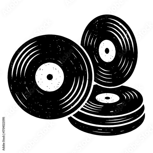Vintage black vinyl records, artfully stacked and arranged, symbolizing the enduring charm of analog music, classic albums, and the golden era of sound. This retro illustration is perfect for audiophi