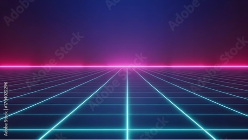 Wallpaper Mural Retro-futuristic neon grid landscape with glowing blue lines and pink horizon in digital art style Torontodigital.ca