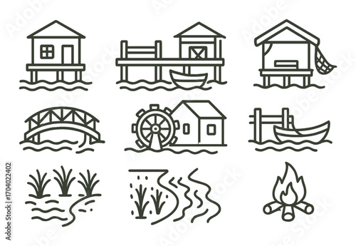 Outline icons of waterfront homes, bridges, boats, and nature elements