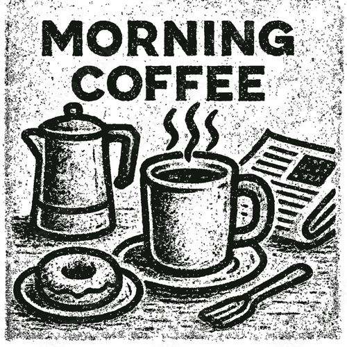 Vintage Morning Coffee Ritual: A Nostalgic Distressed Grunge Art Print Featuring a Steaming Hot Brew, Fresh Donut, Classic Coffee Pot, and Newspaper for a Perfect Relaxing Breakfast Vibe.