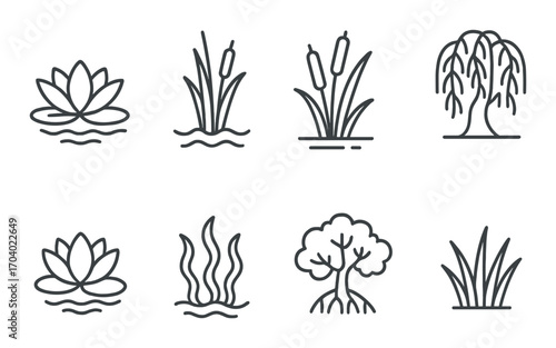 Mystical water plants: lotus, willow, and reeds in abstract design