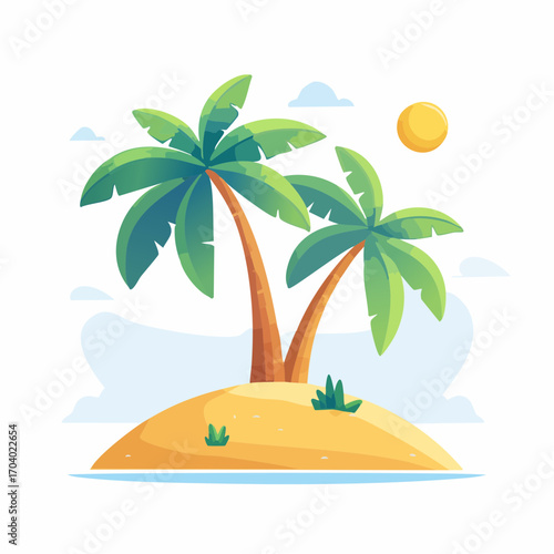Two Palm Trees On A Tropical Island With Yellow Sun