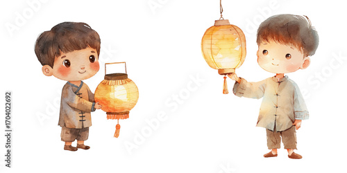 cute asian boy holding chinese lantern watercolor vector illustration