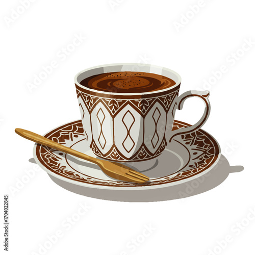 Ornate white and brown patterned porcelain cup of Turkish coffee with a golden spoon on a saucer.