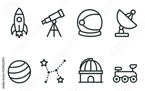 Space exploration icons: rocket, telescope, helmet, satellite, planet, constellation, observatory, rover
