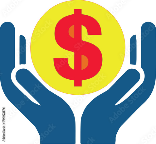 Vector art of hands holding dollar coin, representing financial support