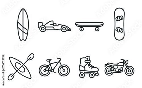 Outlined icons of surfing, formula car, skateboard, snowboard, kayak, bicycle, roller skates, and motorcycle