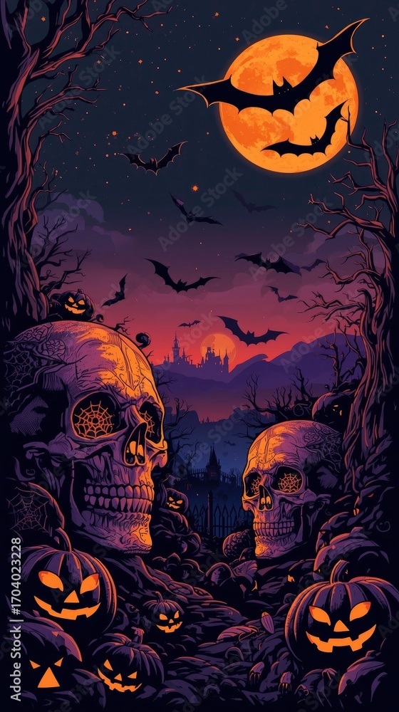 Fototapeta premium Spooky Halloween Night Skulls, Pumpkins, Bats, and a Haunted Castle Under a Blood Moon