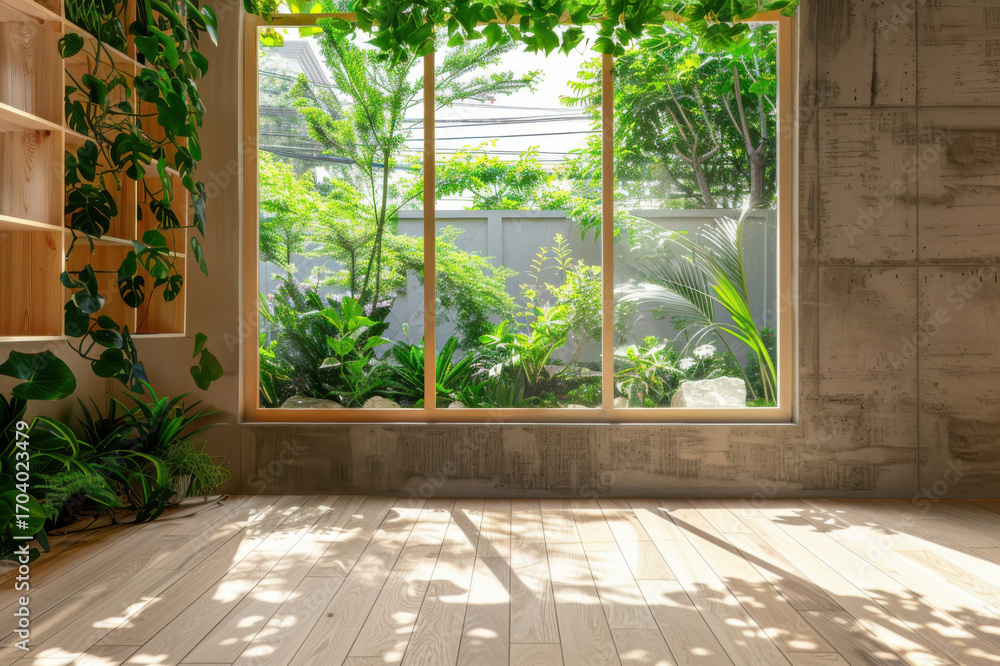 Fototapeta premium Modern living space with green indoor plants on wooden shelves, bathed in natural light from a large window.