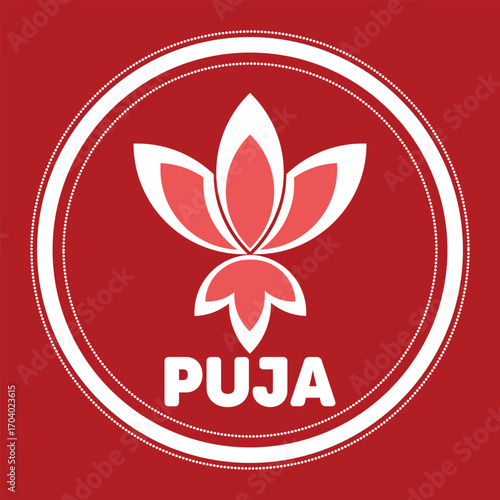 Crimson background shows a lotus flower above the white Puja inscription within dotted circles