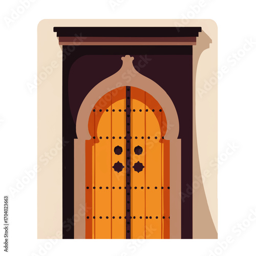 Ornate yellow wooden door in a traditional Moroccan archway with decorative metal studs.