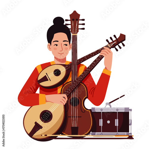 Person with a Happy Expression Holding Three Stringed Instruments and a Drum