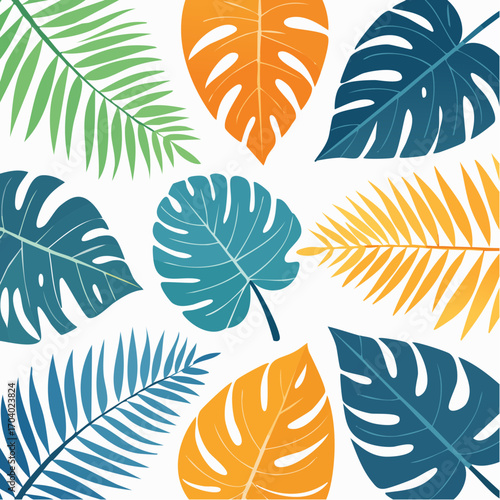 Colorful Tropical Leaves Pattern on White Background