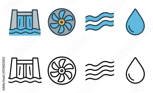 Hydropower icons: dam, turbine, water flow, and droplet symbols