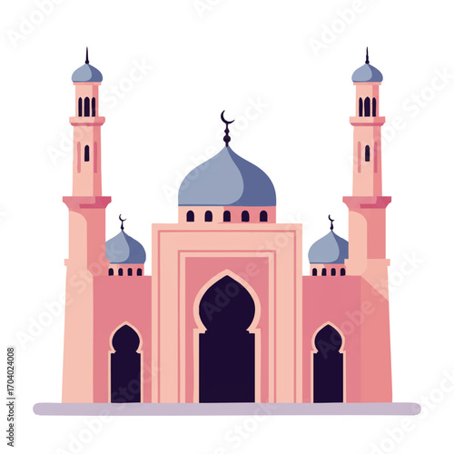 Pink Mosque with Two Minarets and Blue Domes, Islamic Architecture Illustration