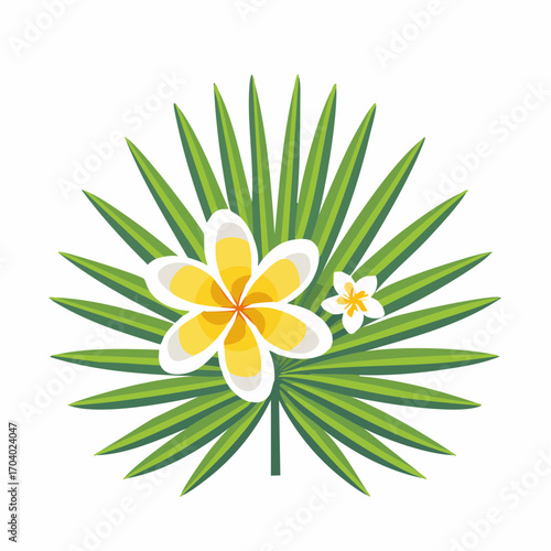 Tropical Yellow Frangipani Flowers and Palm Leaf