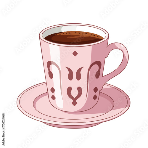 Pink Cup of Coffee with Decorative Design on Saucer