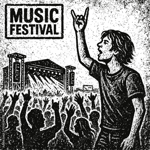 Vibrant music festival scene depicted in a striking black and white grunge illustration, showcasing an enthusiastic crowd, a powerful performance on a brightly lit stage, and a passionate concert-goer
