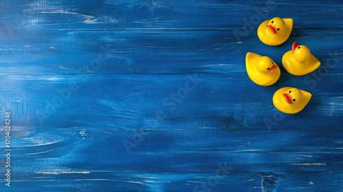 Yellow rubber ducks on blue wood background