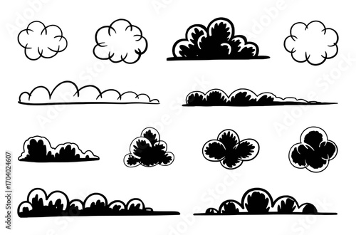 Hand-drawn black and white cloud and bush illustrations