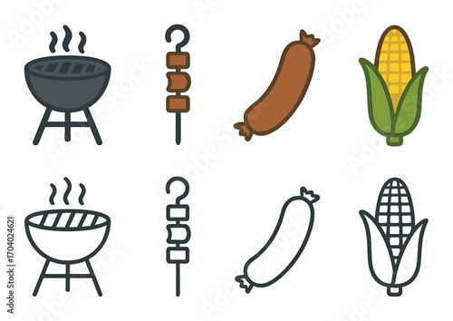 Bbq icons: grilled food illustrations featuring sausage, skewers, and corn