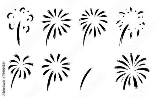 Hand-Drawn Black Fireworks Icons on White Background