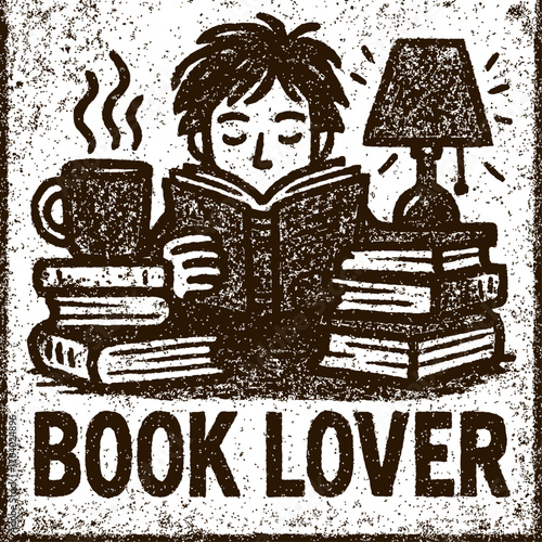 Distressed grunge illustration of a cozy book lover immersed in reading, surrounded by book stacks, a steaming mug, and a warm lamp. Perfect for bibliophiles, depicting intellectual bliss and quiet so