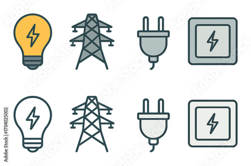 Comprehensive collection of electrical symbols including light bulb and power plug