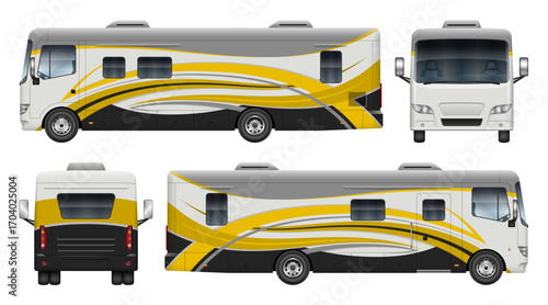RV motorhome wrap vector mockup for vehicle branding, corporate identity. View from side, front and back. All elements in the groups on separate layers for easy editing and recolor.