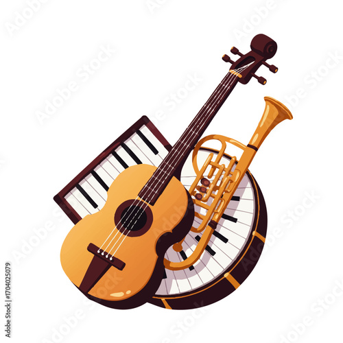 Colorful Illustration of Jazz Instruments: Guitar, Trumpet, and Piano
