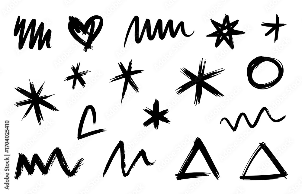 Naklejka premium Collection of Hand-Drawn Black Brush Stroke Shapes and Symbols