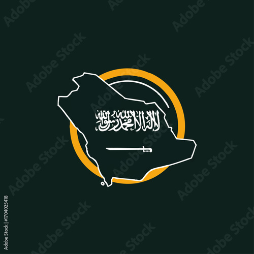 Saudi Arabia Flag Map: White Outline, Gold Circle, Arabic Script