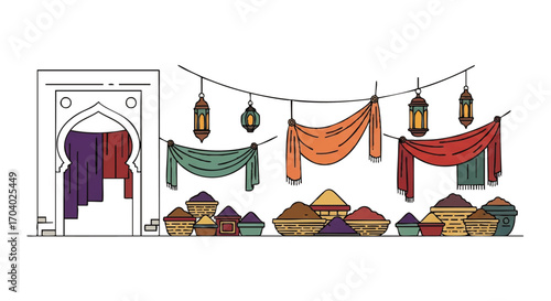 Colorful line art illustration of an Arabian market with lanterns, fabrics, and spice baskets.