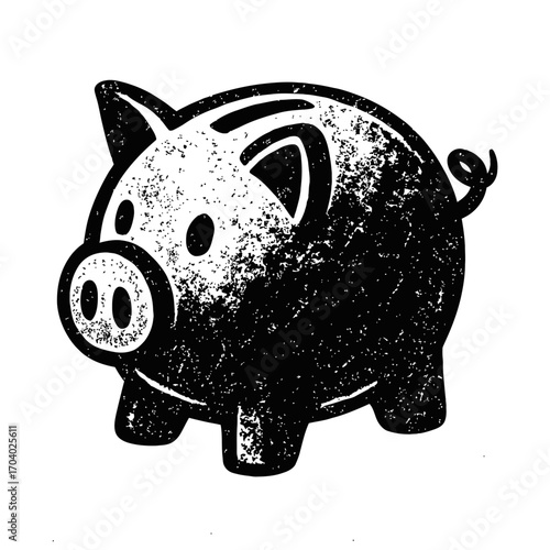 Distressed Black & White Piggy Bank Icon, a powerful symbol of financial growth and savings. Ideal for budgeting, wealth management, personal finance, and investment education. Grunge coin bank illust