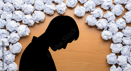 Overwhelmed Stressed Person Silhouette With Crumpled Papers