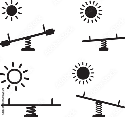 Four sun and seesaw silhouettes on white background