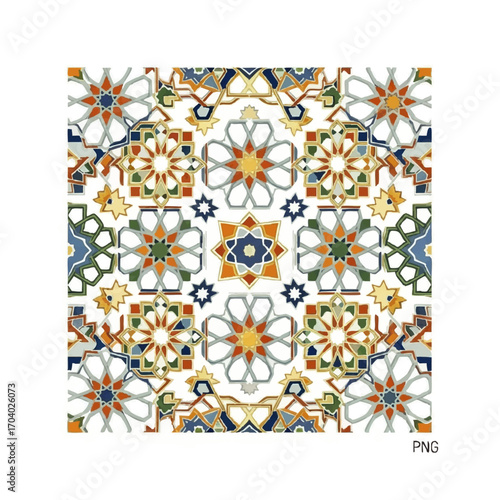 Colorful Moorish tilework design featuring symmetrical geometric stars and rosettes.