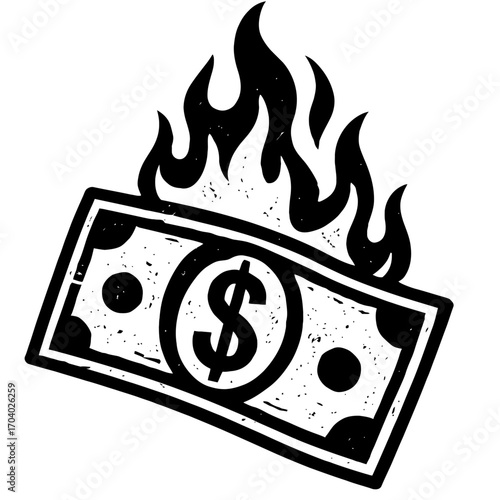 Striking Black & White Art: A Dollar Bill Consumed by Flames, Symbolizing Severe Financial Loss, Economic Crisis, Inflation, Exploding Costs, Debt, Ruined Savings, Wasted Money, and Budgetary Strain.