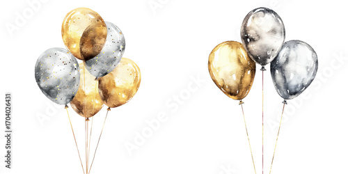 gold and silver balloons watercolor vector illustration