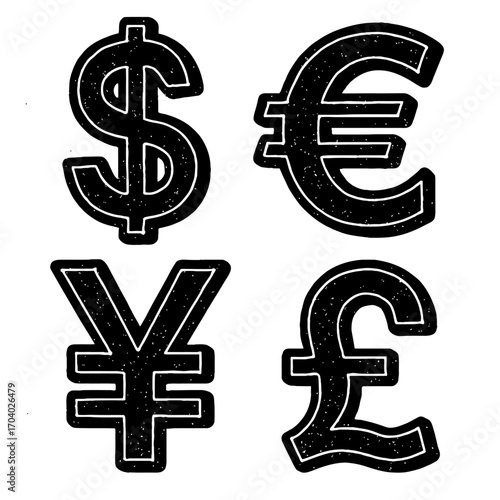 Comprehensive Collection of Major International Currency Symbols: Dollar, Euro, Yen, and Pound Sterling Icons for Global Financial Markets, Economic Analysis, Foreign Exchange Trading, and Investment