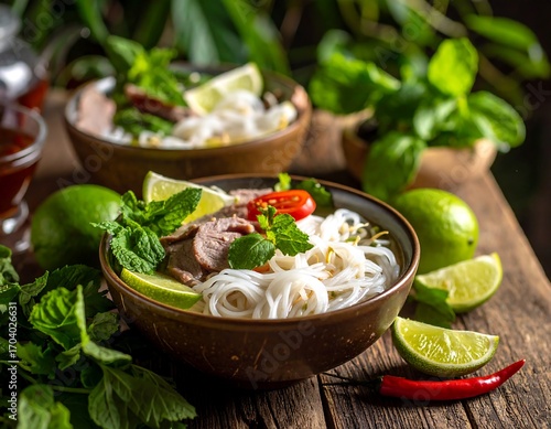 Wallpaper Mural Bowl of flavorful noodles with meat and herbs Torontodigital.ca