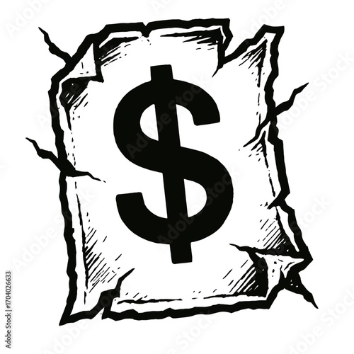 Distressed Dollar Sign on Tattered Paper Illustration: A Grunge Monochrome Symbol of Financial Volatility, Economic Instability, Debt, Crisis, and Vintage Wealth Management Challenges, Perfect for Eco