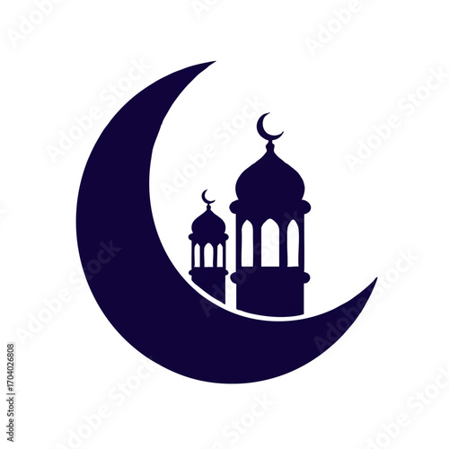 Dark blue crescent moon with two mosque silhouettes and crescent symbols