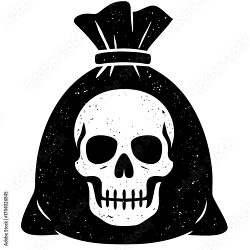 Distressed black money bag or loot sack with a stark white human skull emblem. This striking vector illustration conveys a sense of danger, death, pirate treasure, ill-gotten gains, risk, and mysterio