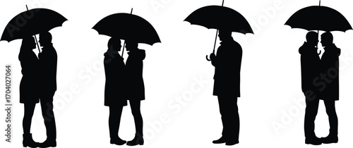 Silhouettes of couples standing under umbrellas in rain, romantic scenes showing love, protection, togetherness, shelter, and rainy weather concepts.Silhouettes of couples standing under 