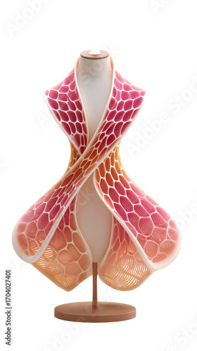 Abstract, sculpted garment drapes over mannequin.  Soft, coral-toned,  organic shapes