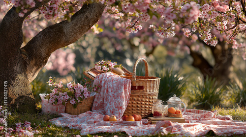 Cherry Blossom Picnic in Blooming Spring Garden.