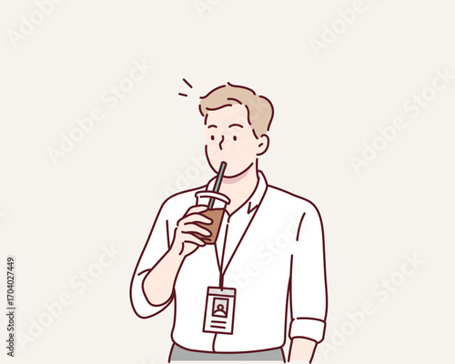 Business‘man Taking Coffee Break at Office.  Hand drawn style vector design illustrations.