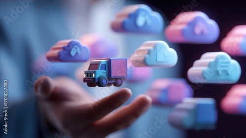 Hand Holding Miniature Truck Surrounded by Cloud Icons